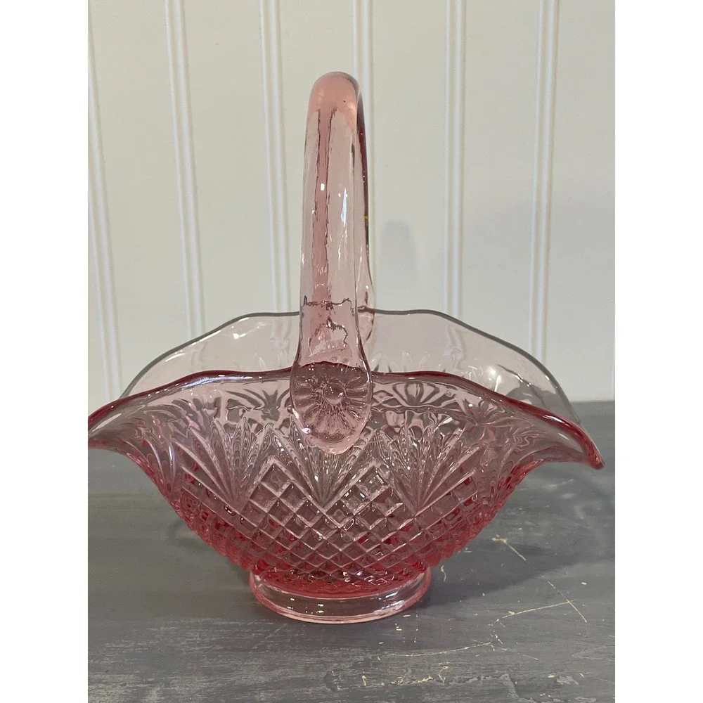 Vintage Pink Depression Glass Basket Diamond Point Starburst Pattern 7.25 Inch